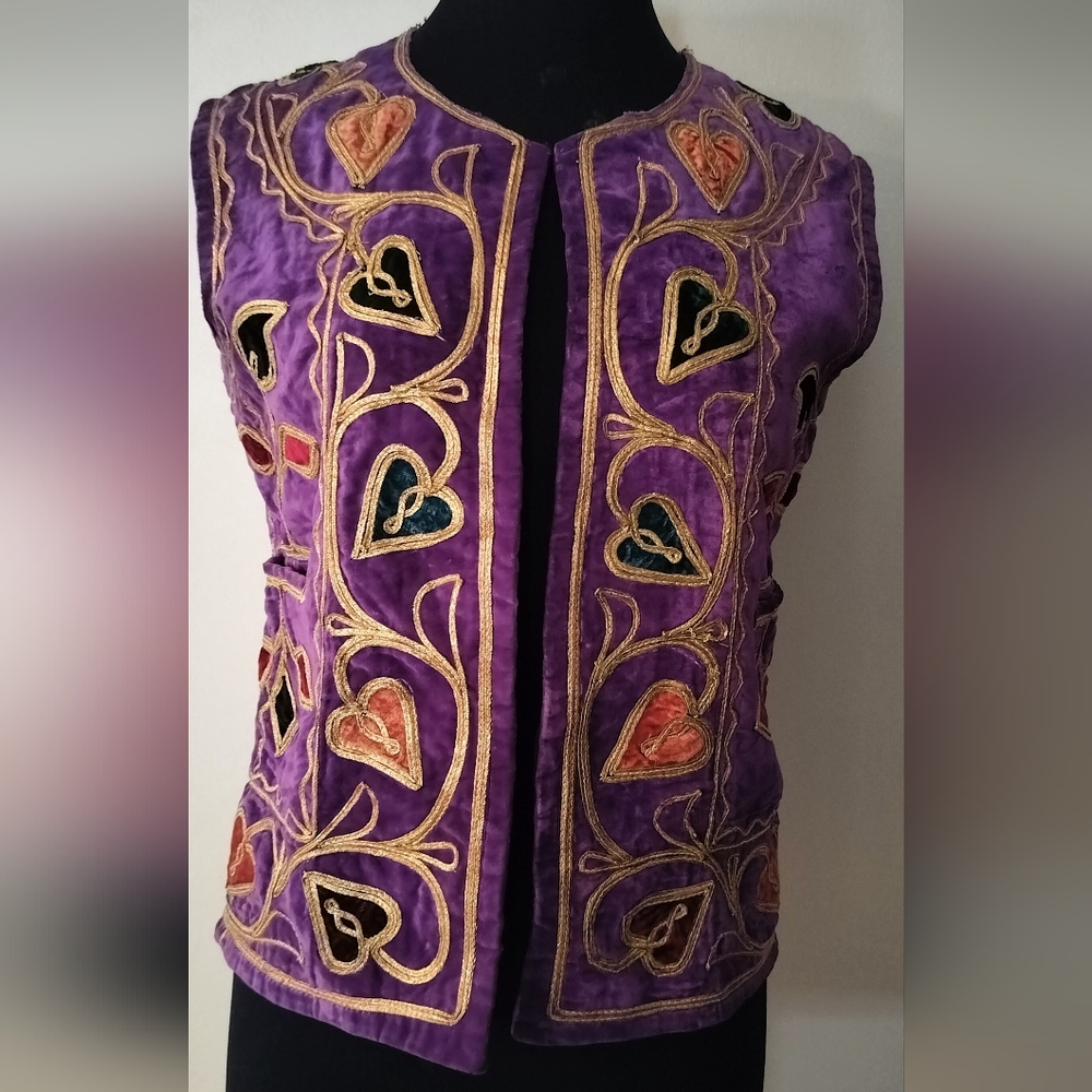 Embroidered Purple Velvet Vest - Women's Sleeveless Jacket